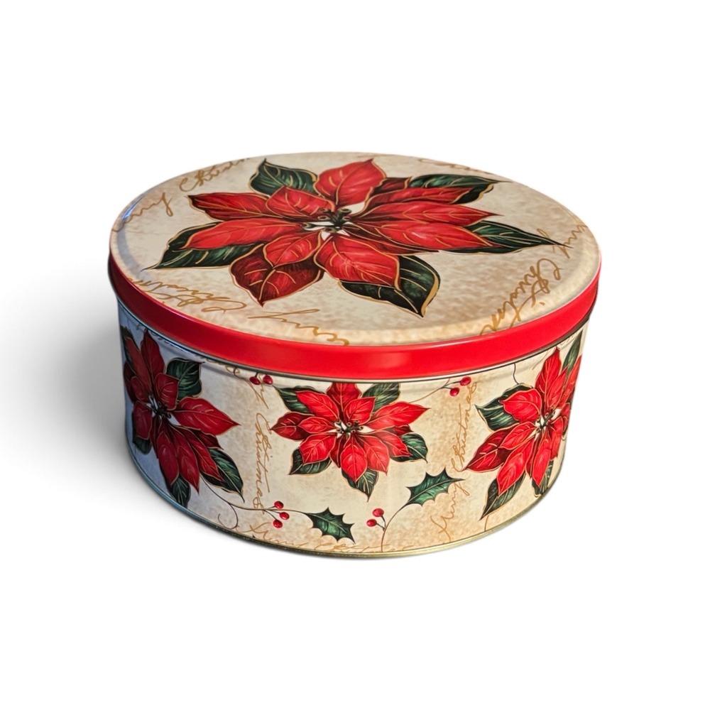 Christmas Poinsettia Round Metal Tin 7" Holiday Cookie Candy Gift Storage Decor